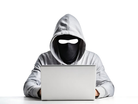 Hacker in hoodie and  mask that hides his face works at laptop, Computer hacker stealing data from a laptop concept for network security, Cybercrime, hacking and technology crime transparent backgroun