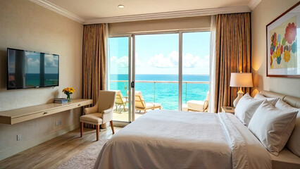 Obraz premium The interior of the hotel room with a view of the ocean for a beach holiday and travel.