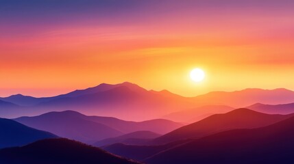 A breathtaking sunrise over rolling mountains, casting vibrant colors across the horizon. This serene landscape captures the essence of nature's beauty and tranquility.