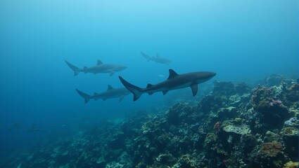 Swarm of blacktip reef sharks hunting near coral reefs