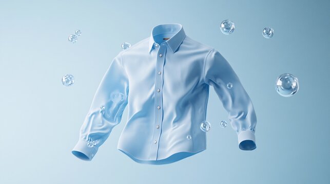 Blue Dress Shirt Floating in Air with Bubbles on Light Background