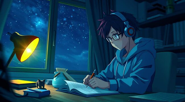 An anime boy wearing headphones studying at night under a starry sky with a warm desk lamp. Seamless looping time lapse animation video background.  
