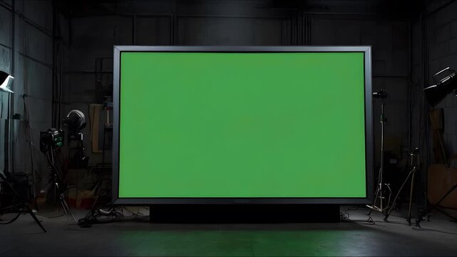 Old movie projector with green screen and LCD TV big green screen television