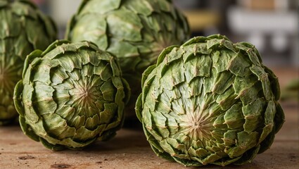 Obraz premium Fresh artichokes with green spiky leaves on rustic counter