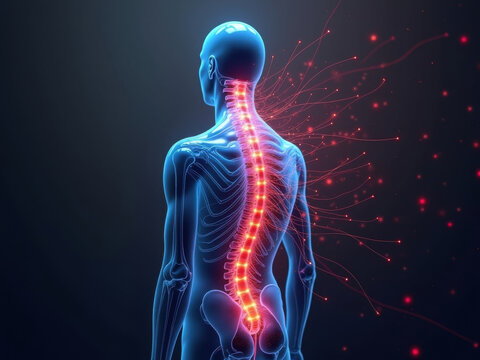 Interpretaci&oacute;n art&iacute;stica del dolor de espalda cr&oacute;nico, figura humana abstracta con una columna resaltada que irradia se&ntilde;ales de dolor
