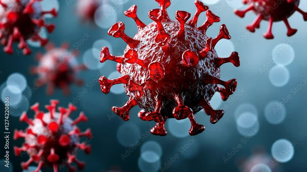 Poster detailed representation of a coronavirus particle highlighting its structure and texture against a b