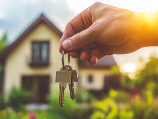 Close-up of a hand holding a house key, with a large house in the background. Associations with buying a house, real estate transactions and transfer of ownership