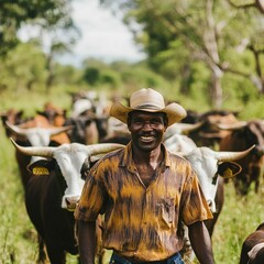 Farmer Smiling While Herding Cattle in Green Pastures