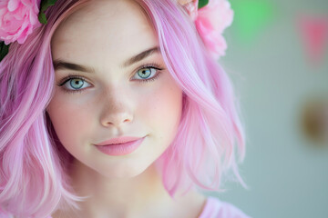 Naklejka premium Portrait of a Young Woman with Pink Hair and Floral Accessories in Soft Lighting
