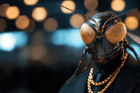 Businessman with scorpionfly head dressed in sharp suit and golden chain stands against professional backdrop in modern setting