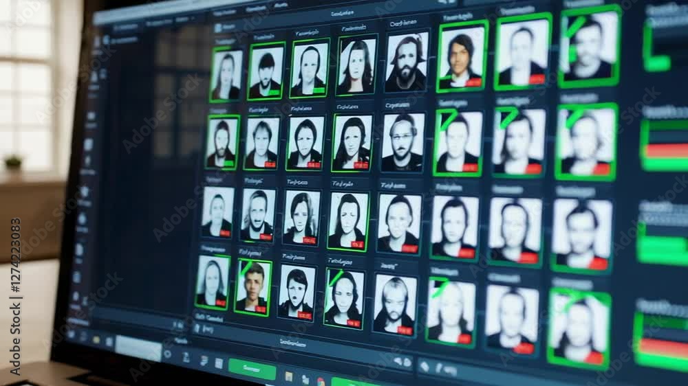 Aufkleber Security software analyzing multiple portraits, identifying individuals through advanced facial recognition technology with green checkmarks in slow motion visual representation