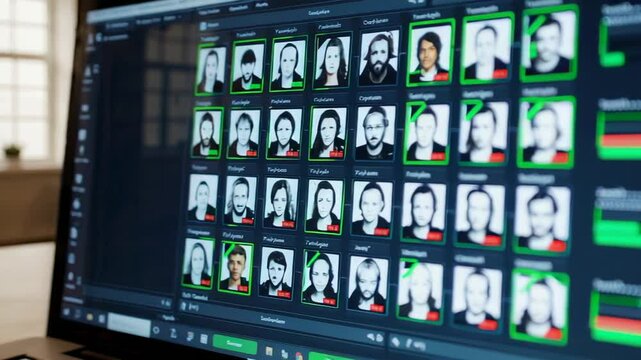 Security software analyzing multiple portraits, identifying individuals through advanced facial recognition technology with green checkmarks in slow motion visual representation