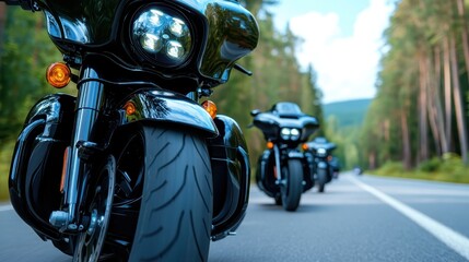 A group of sleek black motorcycles rides along a scenic road, surrounded by lush trees and mountains, capturing the spirit of adventure and freedom in nature.