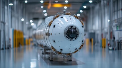 An advanced rocket engine stands ready for testing inside a spacious industrial facility, symbolizing cutting-edge technology in aerospace engineering.