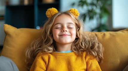 A happy young girl with curly hair sits on a sofa with a warm smile, radiating innocence and joy, reflecting a sense of comfort and relaxation at home.