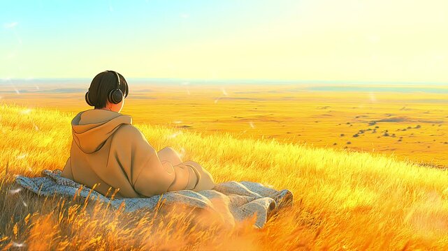 A person wearing headphones sitting on a blanket, relaxing in a golden wheat field under warm sunlight. Seamless looping time lapse animation video background.  
