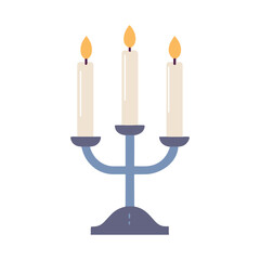 Silver candle holder with three burning candles simple flat vector illustration