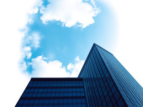 View through modern skyscraper chimney to blue sky with clouds in teal blue to burgundy purple, isolated on white background, copy space, isolated, architecture