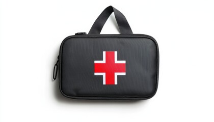 a matte black first aid kit with a red cross, sleek and professional medical equipment, hyper-detailed texture, isolated on white background
