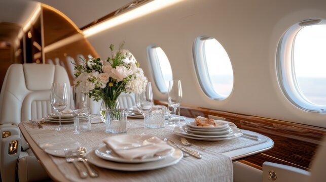 A finely set dining table adorned with flowers and sparkling glassware inside a private jet, reflecting a unique blend of comfort and elegance in air travel.