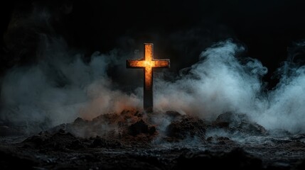 This powerful image features a glowing cross emerging from thick fog, symbolizing hope, faith, and resilience against adversity, capturing a sense of tranquility and spiritual reflection.
