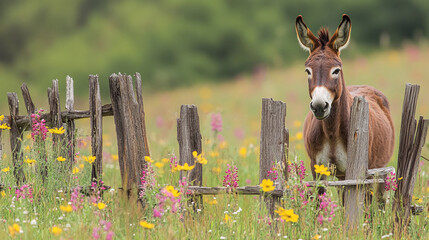 Rustic scene with a donkey standing by a weathered fence in a field of wildflowers.