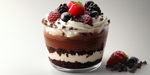 Decadent dessert featuring layers of chocolate and cream topped with fresh berries on a neutral background