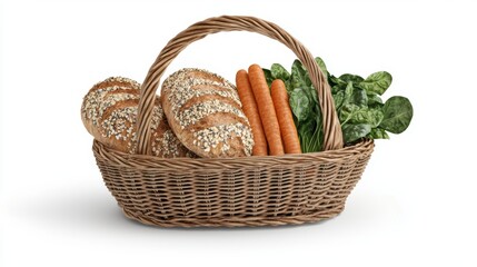 Obraz premium a realistic harvest basket with carrots, spinach, and whole grain bread, ultra-detailed shading, photorealistic rendering, isolated on white background
