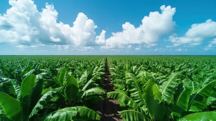 An expansive view of vast banana plant farms stretches toward the horizon, beautifully contrasted against bright clouds in a vivid blue sky.
