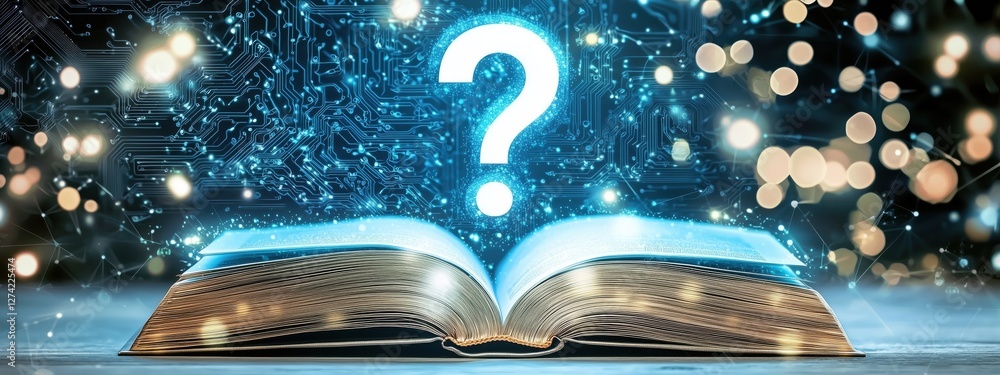 Poster an illuminated book with a question mark, symbolizing knowledge and curiosity.