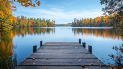Tranquil autumn lake with colorful fall foliage, reflections, and floating leaves in serene forest setting.