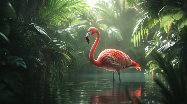 Elegant flamingo standing in a tropical pond surrounded by lush greenery.