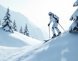 Skier in White Ski Suit Descending Snowy Mountain Slope