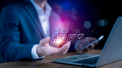 Business Planning Agenda Calendar: Work Schedule Concept, Entrepreneurs annotate the virtual calendar, workflow plan, and Organize important dates and timetables. Workplace time management