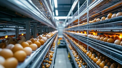 Naklejka premium Fresh Eggs Shelves in a Modern Agricultural Facility