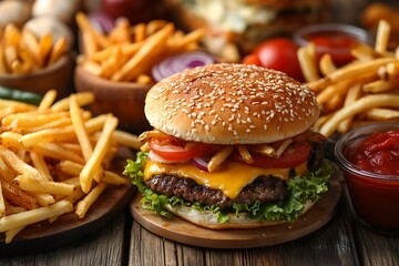 Cheeseburger fries wood table food