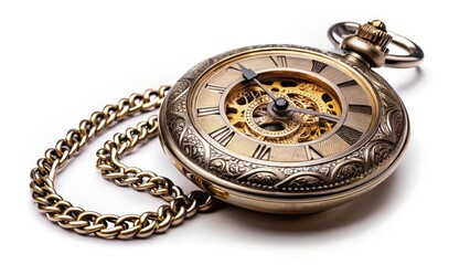 Antique Pocket Watch with Chain on White Background