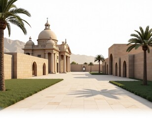 Fototapeta premium Serene Oasis Architectural Marvel in Desert Landscape