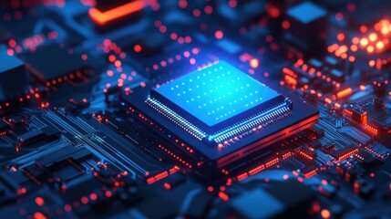 Obraz premium A close-up view of a futuristic microchip surrounded by glowing circuitry. The vibrant colors and intricate patterns highlight advancements in computer technology.