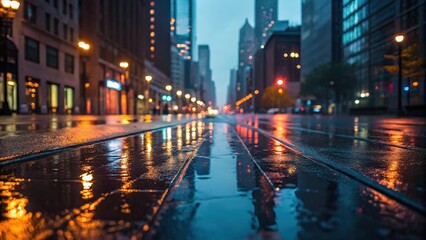 Vibrant Cityscape with Wet Streets Reflecting City Lights at Dusk