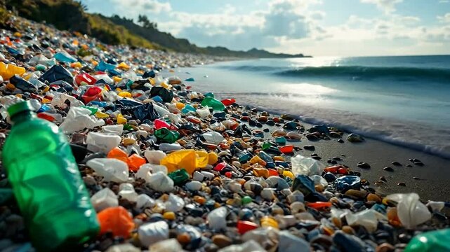 Plastic waste, including a green bottle, litters a polluted beach