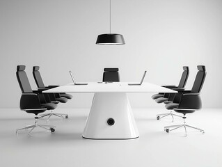 Fototapeta premium Modern minimalist conference room with sleek white table black chairs and a central pendant light