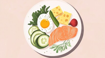 Healthy balanced plate of food, breakfast or lunch, diverse nutrients, top view, nutritious meal