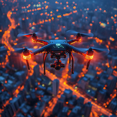 A drone equipped with advanced AI performing security surveillance in an urban environment