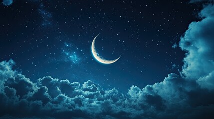 Stars and crescent moon with clouds on a blue background 