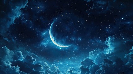 Stars and crescent moon with clouds on a blue background 