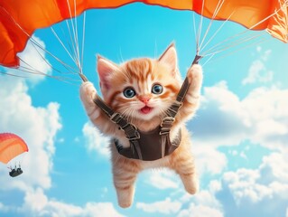 Cute fluffy kitten with a smile on his face, flying in the sky on a parachute. Children's funny 3D illustration.
