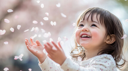 Naklejka premium A photo of a child joyfully catching cherry blossom petals in their hands, their face full of wonder and happiness as the delicate petals swirl in the breeze during Cherry Blossom Festival 