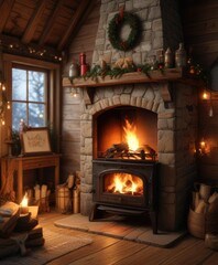Fire crackles in woodstove of beautifully decorated Christmas cottage, decorate, winter scene