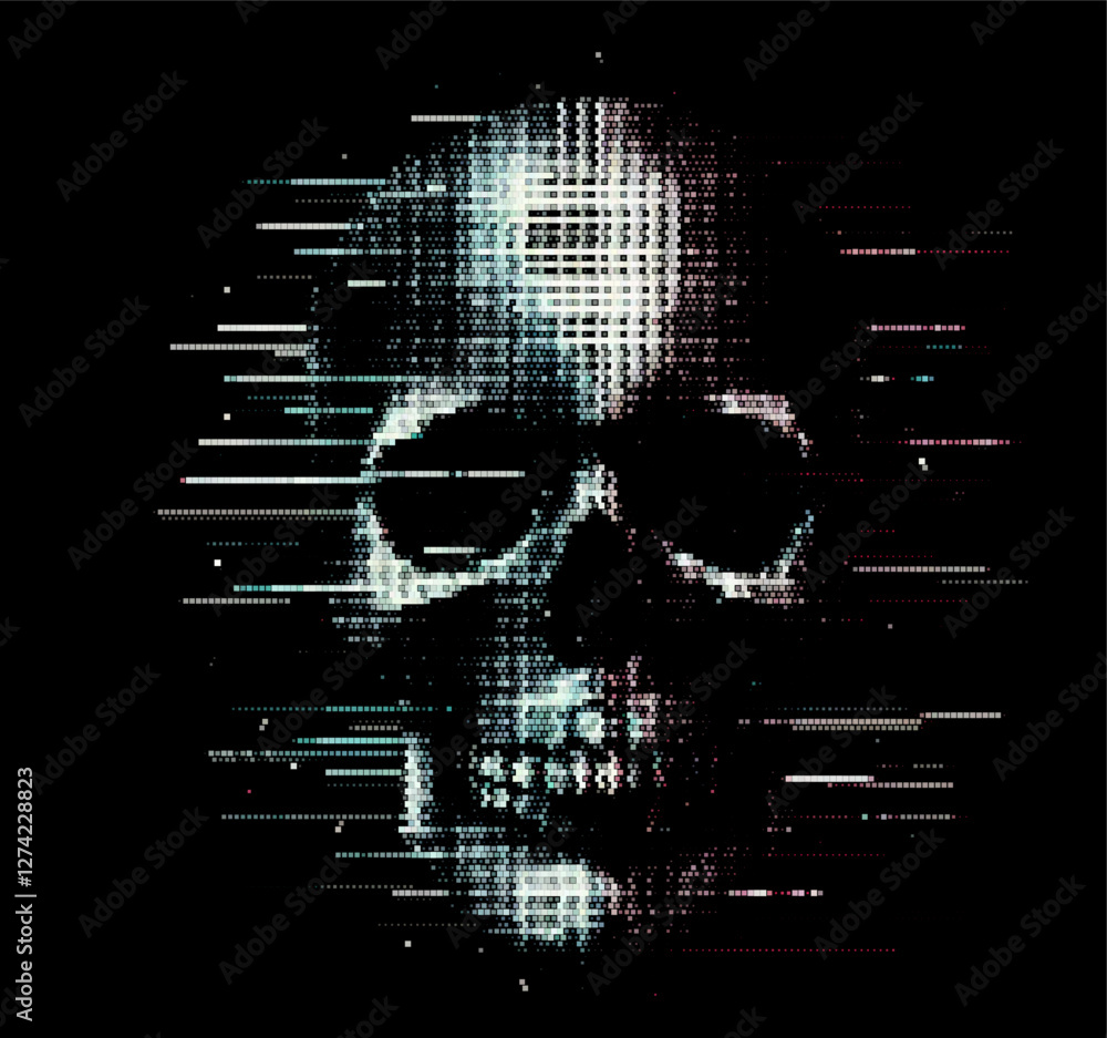 Aufkleber digital skull illustration features pixelated, glitch-style effects against a dark background. the d